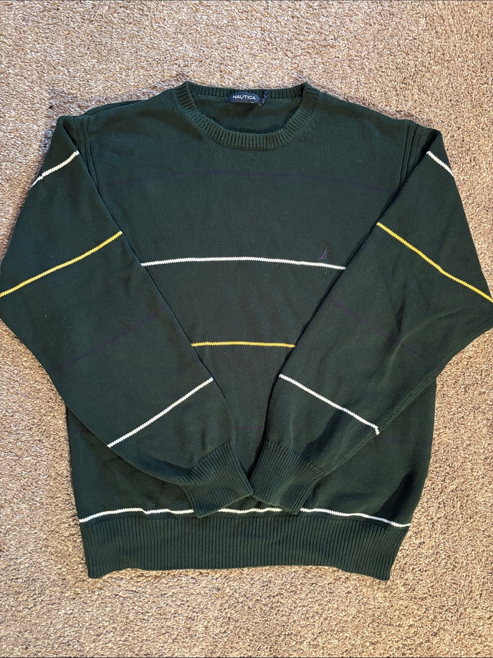 Nautica Men's Forest Green Crewneck Sweater with White & Yellow Stripes